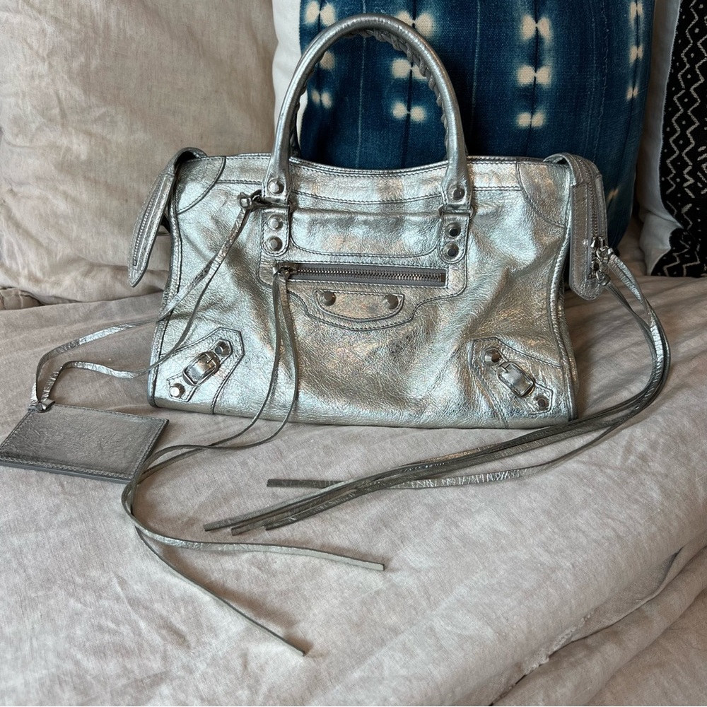 Metallic Silver Balenciaga City S Bag